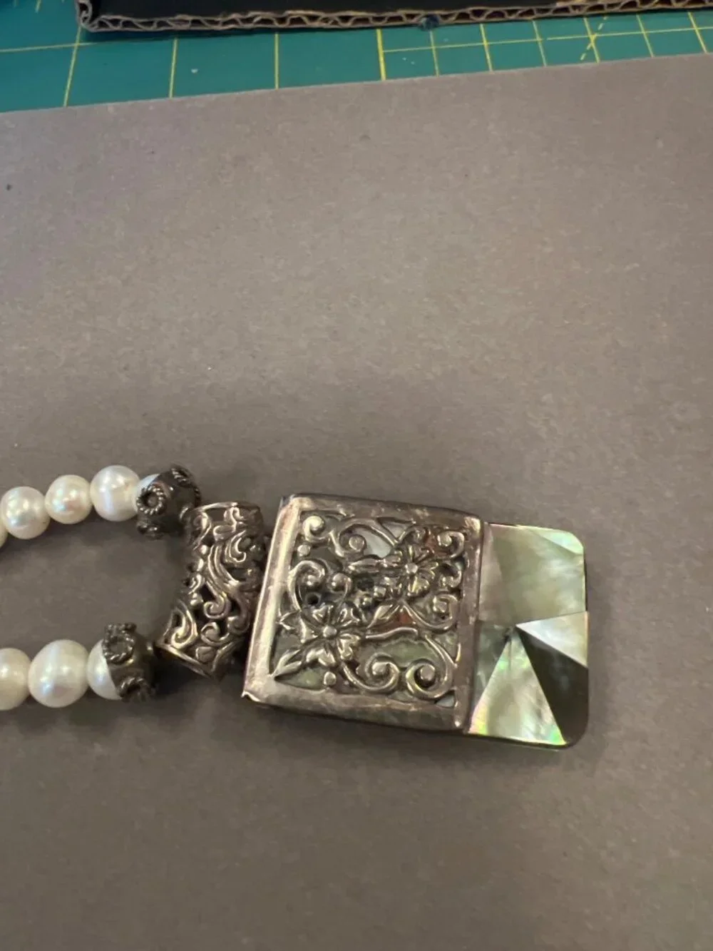 Handcrafted Pearl Necklace With Intricate abalone and Silver Pendant  Art Deco